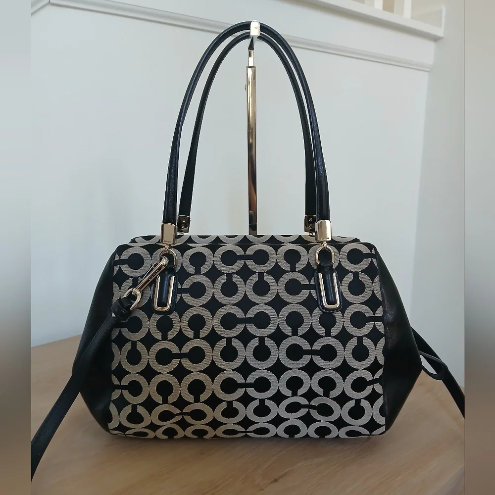 Coach Madison Small Madeline East West Satchel Leather Trim Op Art Fabric